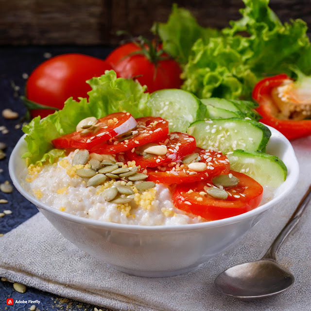 Owsianka z pomidorem, papryką, ogórkiem i zieleniną / Oatmeal with tomato, paprika, cucumber and greens