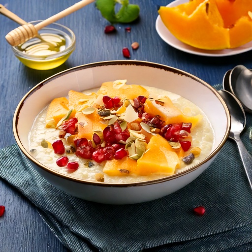 Owsianka z melonem, granatem i pistacjami / Oatmeal with melon, pomegranate and pistachios