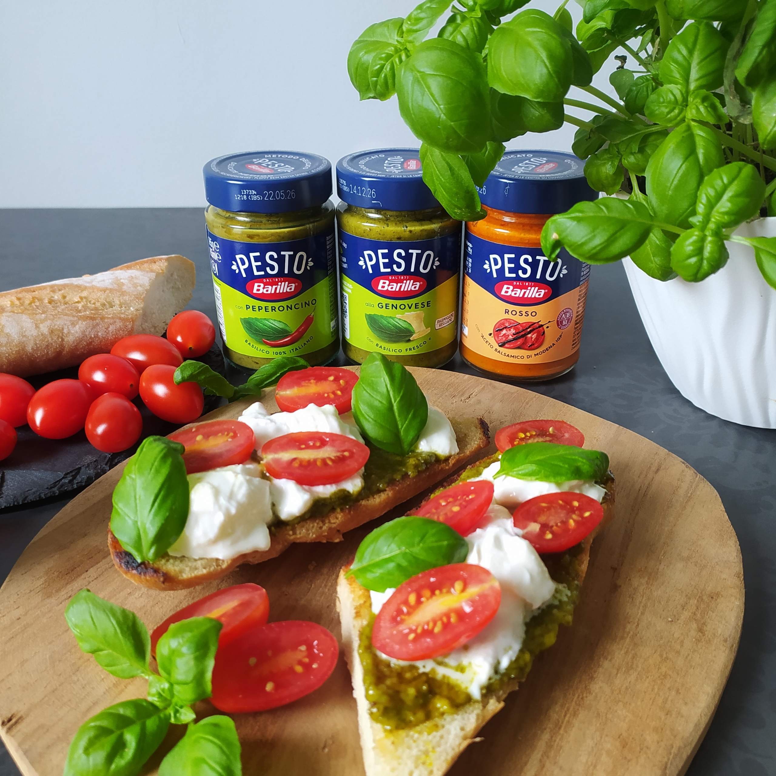 Grzanka z pesto, serem burrata i pomidorami