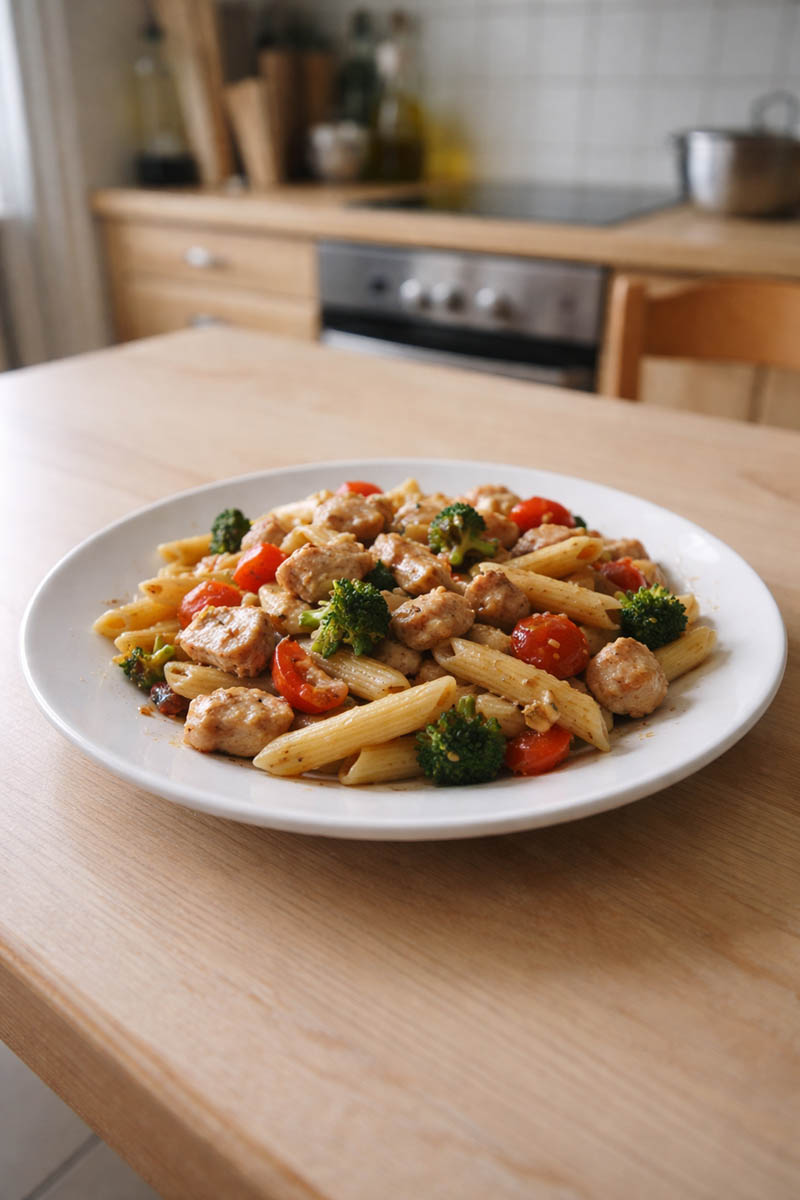 Makaron z kurczakiem i warzywami na szybki domowy obiad