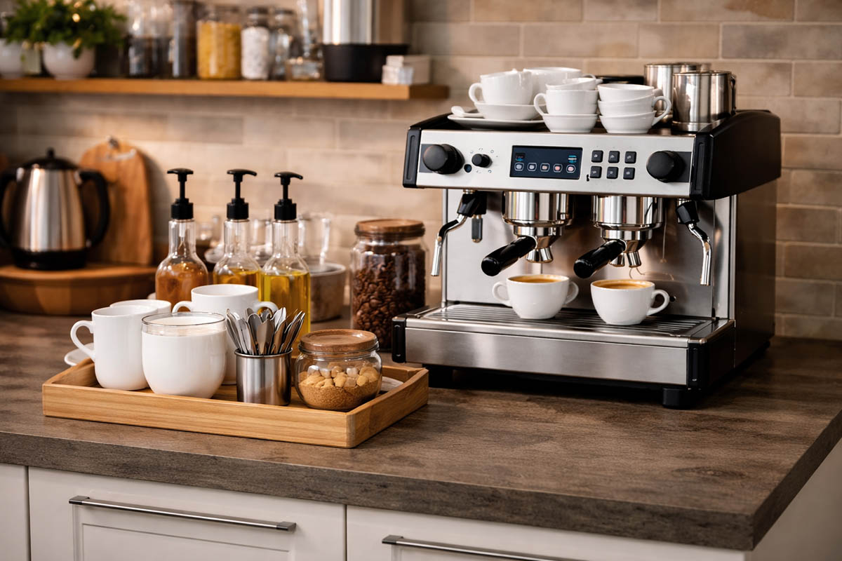 Jak wygodnie zorganizować strefę kawy i napojów w kuchni? Sprzęt, który ułatwia życie przy większej liczbie gości