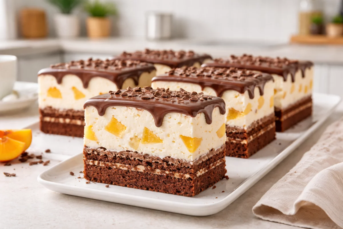 Ciasto kakaowe z kremem i brzoskwiniami – miękkie, chrupiące i idealne na każdą okazję