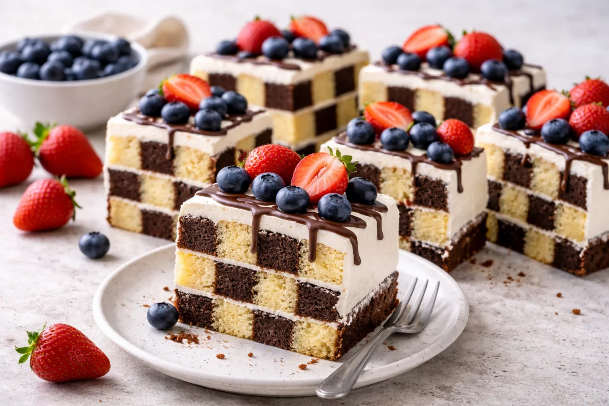 Ciasto szachownica z kremem i owocami – deser, który robi efekt już przy pierwszym krojeniu