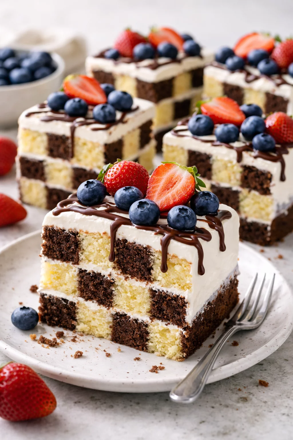 Ciasto szachownica z kremem i owocami – deser, który robi efekt już przy pierwszym krojeniu