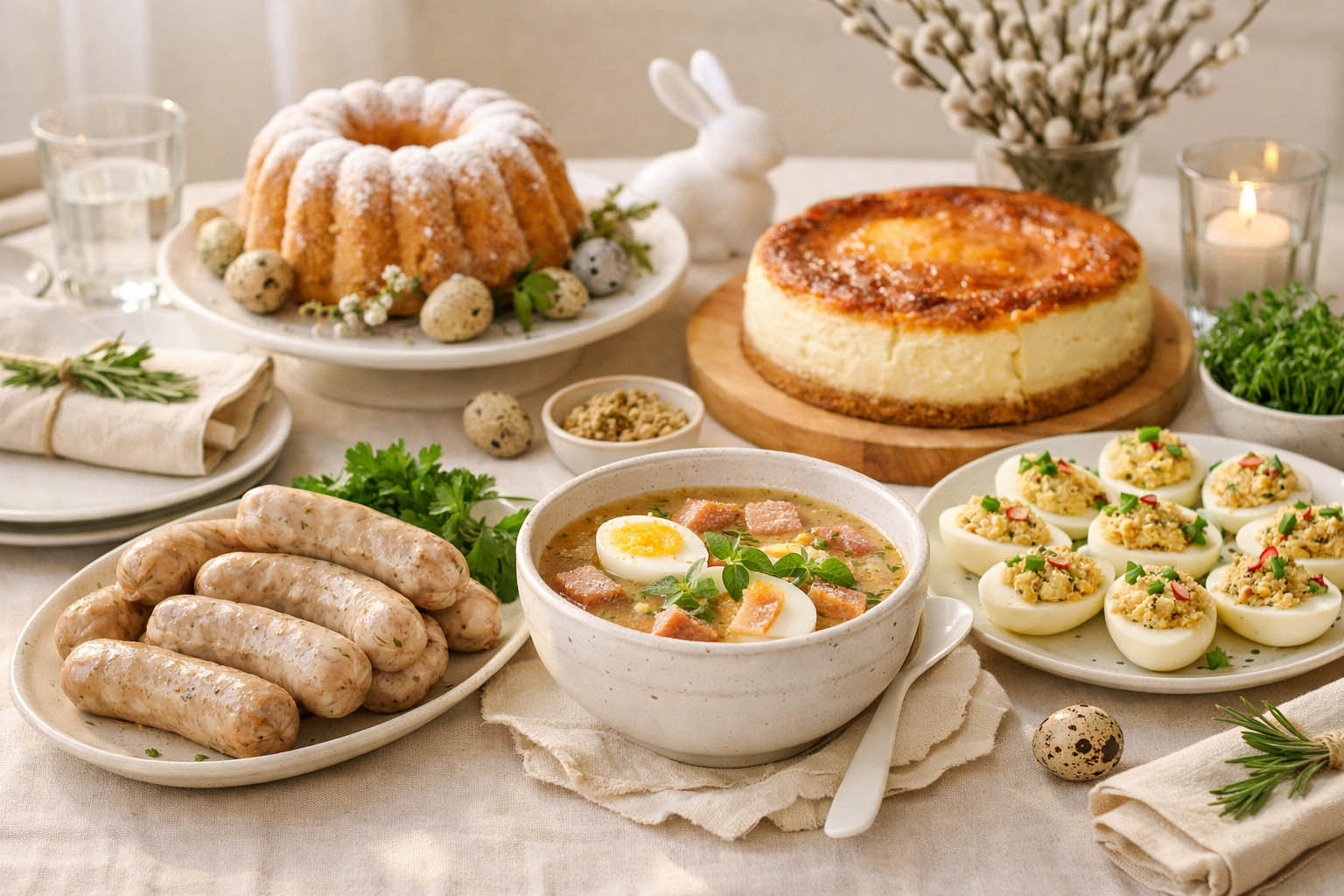 wielkanocny stół z białą kiełbasą żurkiem jajkami i sernikiem