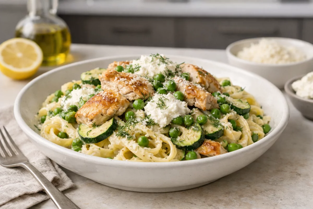 Szybki wiosenny makaron z kurczakiem, ricottą i koperkiem