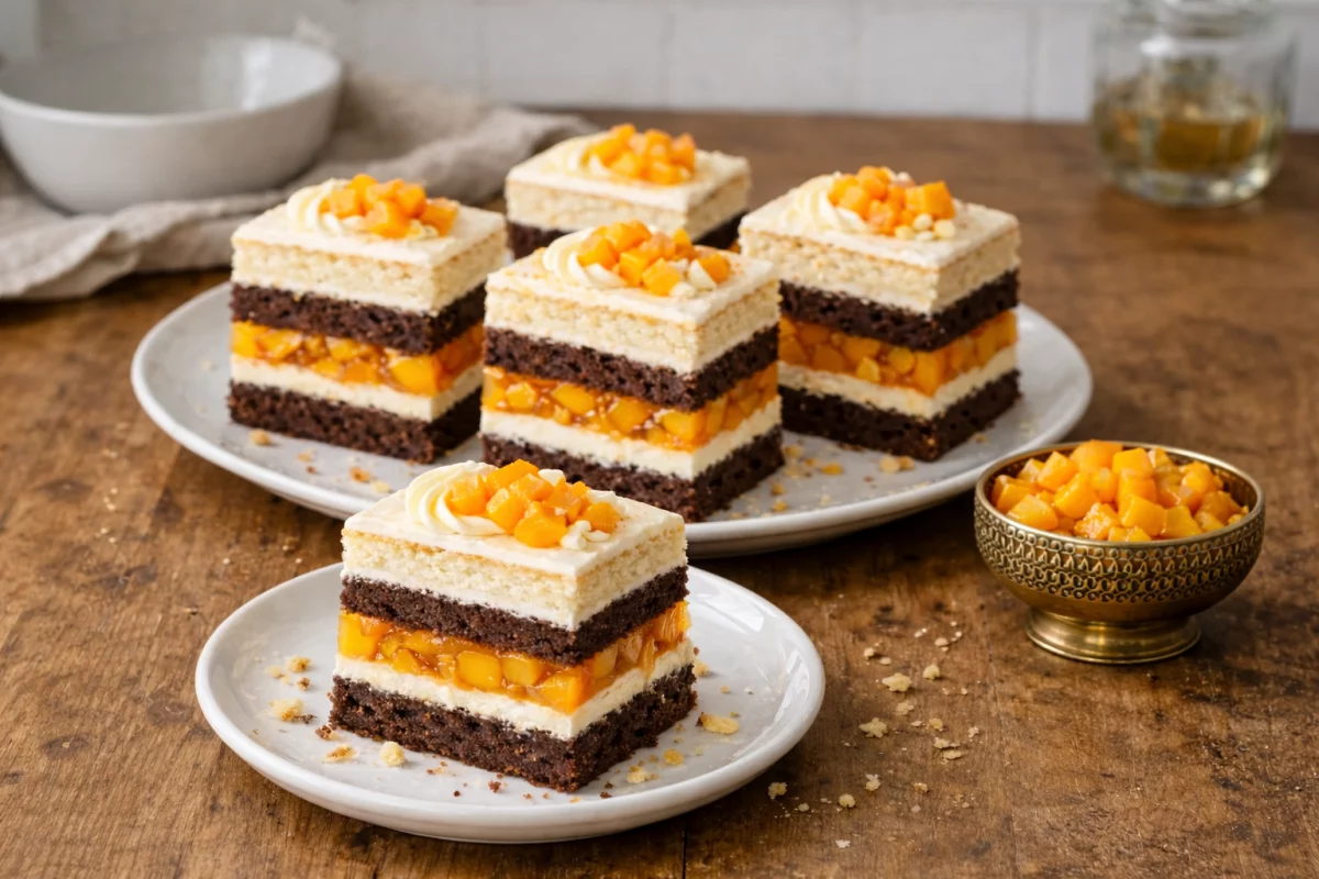 Ciasto warstwowe z brzoskwiniami – efektowny deser, który dobrze trzyma formę