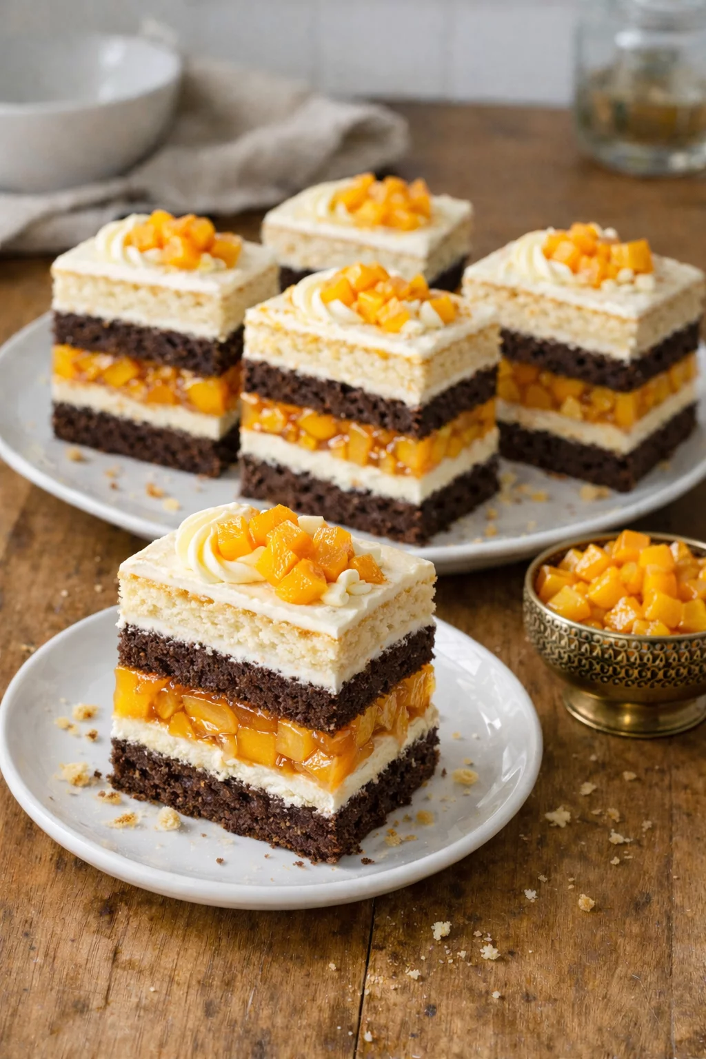 Ciasto warstwowe z brzoskwiniami – efektowny deser, który dobrze trzyma formę