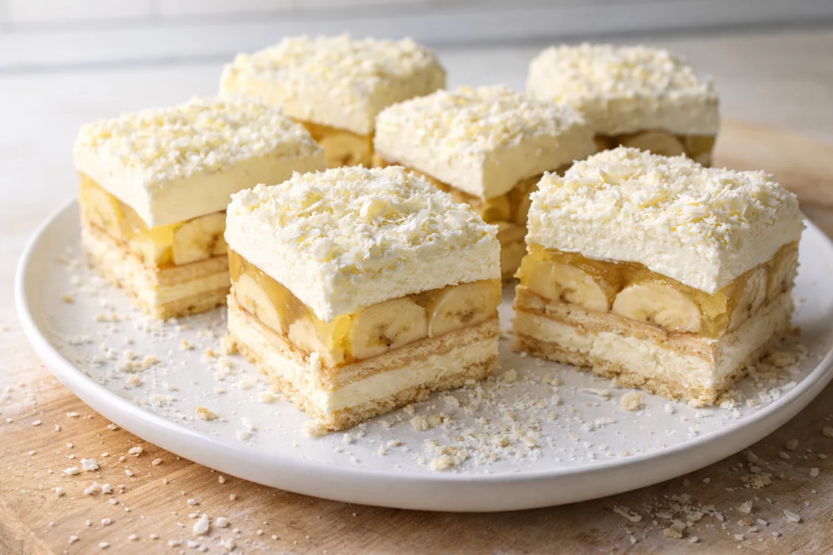 Rajska kostka kokosowa z bananami – puszyste ciasto bez pieczenia krok po kroku