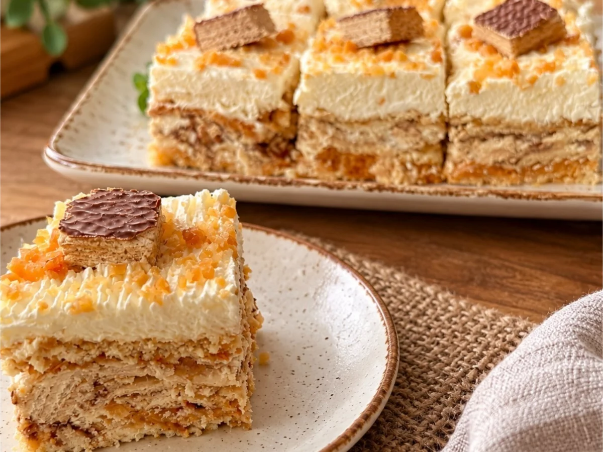 Ciasto wafelkowo-kajmakowe z kremową pianką