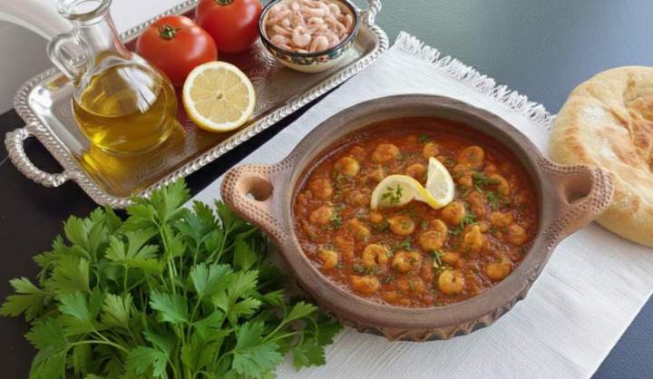 Marokańskie tajine z krewetkami w sosie pomidorowym