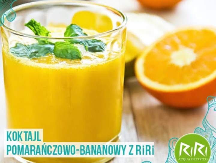 pomarańcza + banan + siemię lniane + woda kokosowa