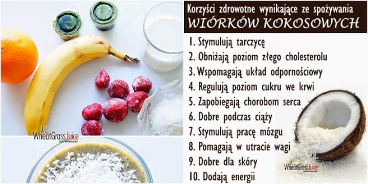 pomarańcza + truskawki + sok z trawy pszenicznej + mleko roślinne + banan + wiórki kokosowe