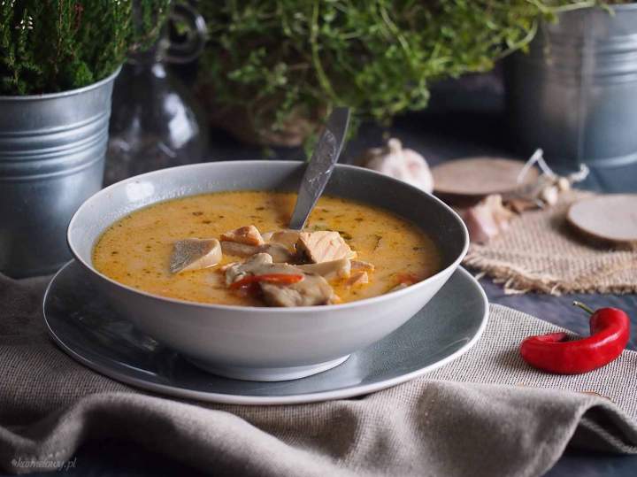 Pikantna zupa grzybowa z łososiem / Spicy mushroom soup with salmon