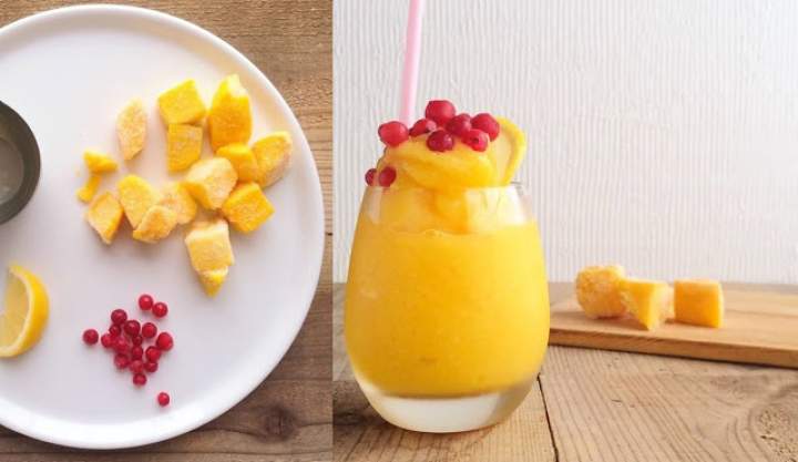 mango + woda kokosowa + cytryna + (porzeczki mrożone)