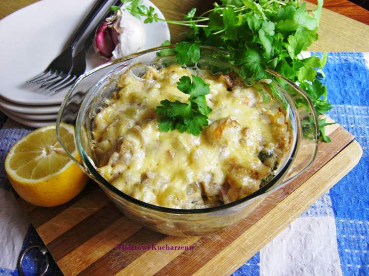 Dorsz pieczony ze śmietaną i warzywami (Bacalhau com natas)