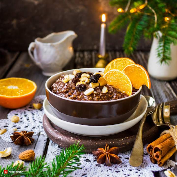 Owsianka korzenna z pomarańczą, rodzynkami i orzechami w czekoladzie / Gingerbread oatmeal with orange, rasins and nuts with chocolate
