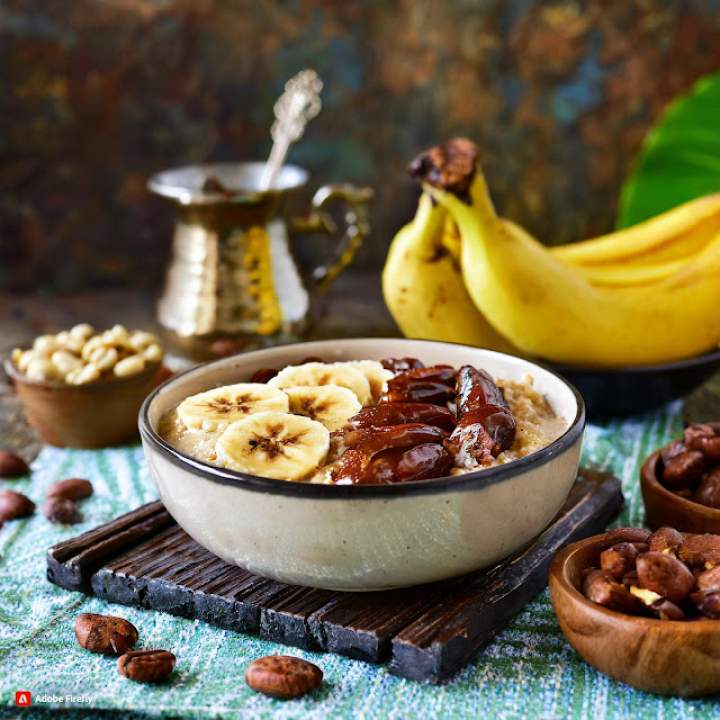 Owsianka kawowa z bananem, daktylami i orzechami brazylijskimi / Coffee oatmeal with banana, dates and brazil nuts