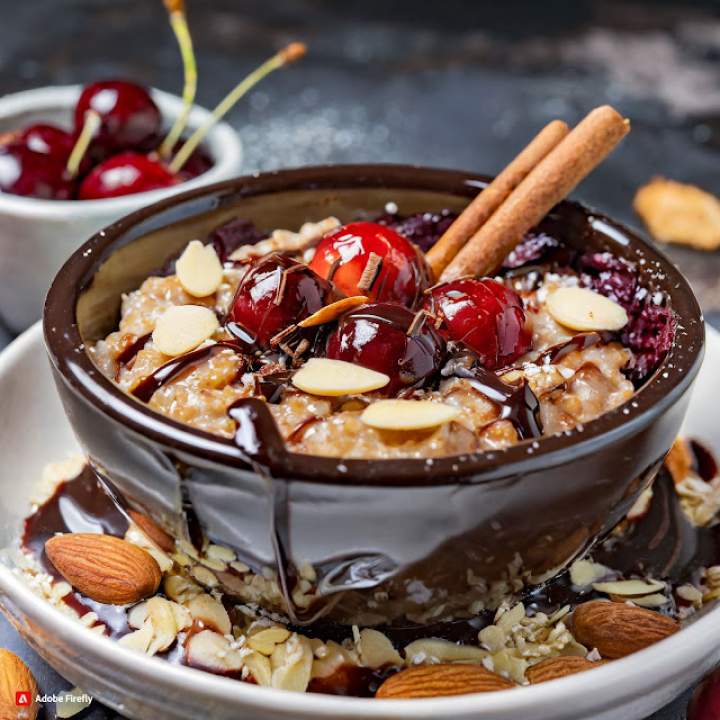 Owsianka korzenna z wiśniami w syropie, migdałami i czekoladą / Oatmeal with cherries in syrup, almonds and chocolate