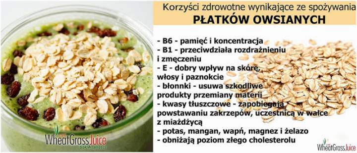 płatki owsiane + gruszka + ananas + banan + sok z trawy pszenicznej + mleko waniliowe + rodzynki