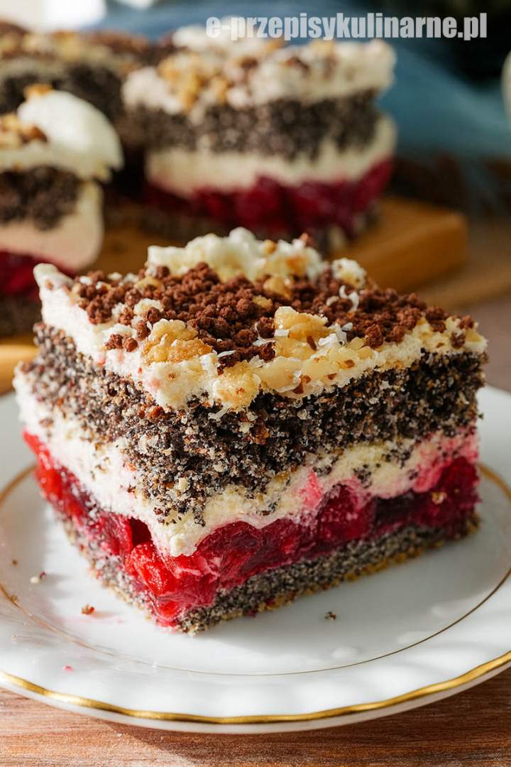 Ciasto Makowa Pokusa z wiśniami i kremem śmietankowym