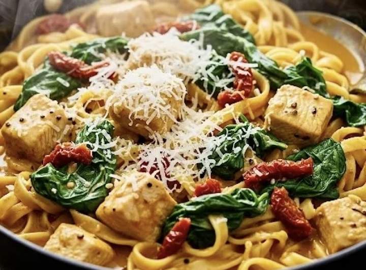 Kurczak z makaronem i szpinakiem w kremowym sosie curry