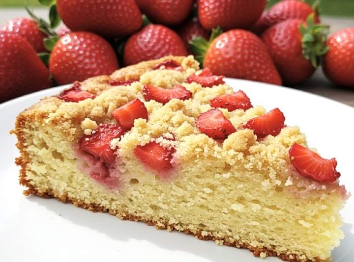 Wilgotne ciasto maślane z truskawkami i kruszonką