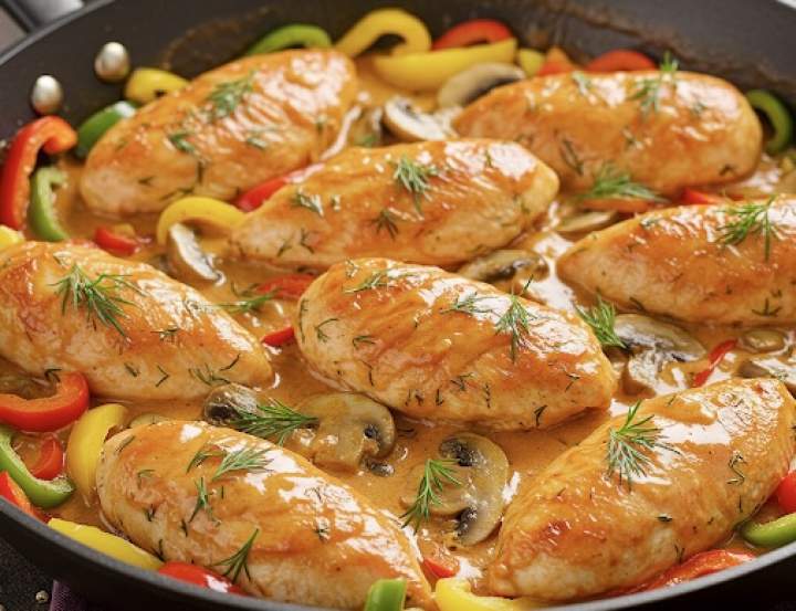 Maślane fileciki z kurczaka w kremowym sosie z papryką i pieczarkami