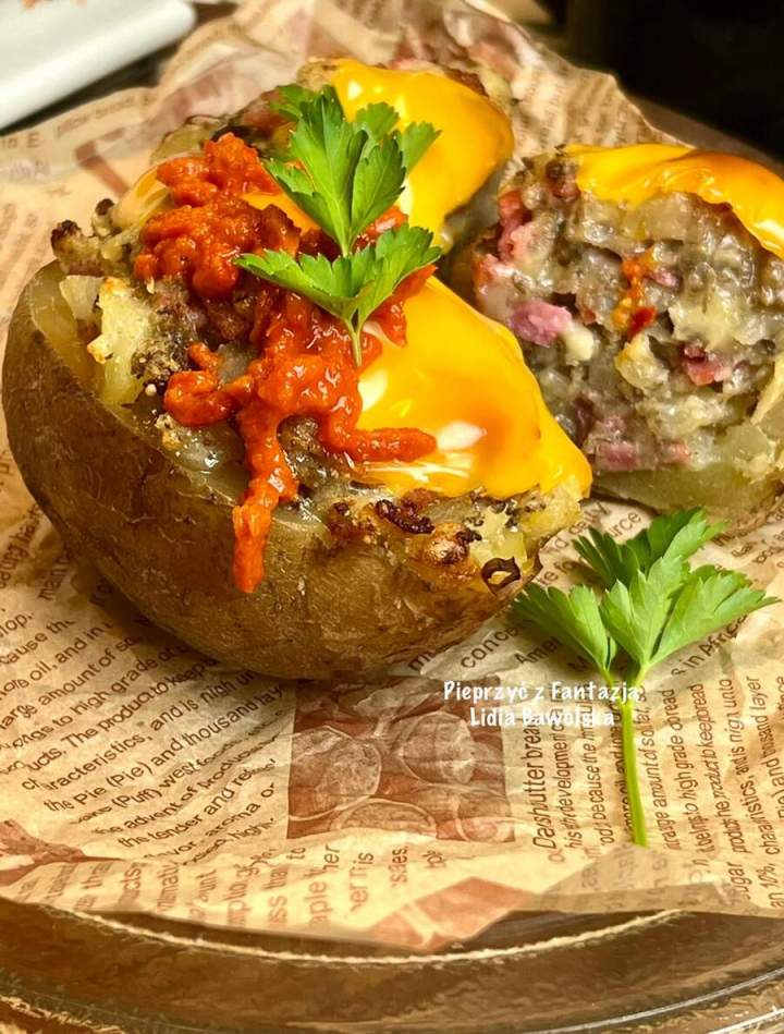 Pieczone ziemniaki faszerowane boczkiem, kiełbasą i pieczarkami – prosty obiad z ajvarem